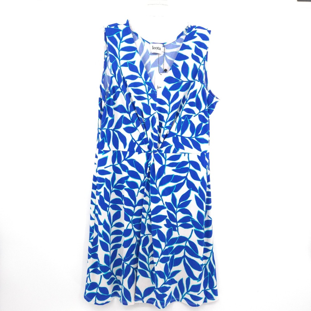 Leota Ivy Blue Leaf Print Dress Women 2L Blue Sleeveless V-Neck Twist Front 3538